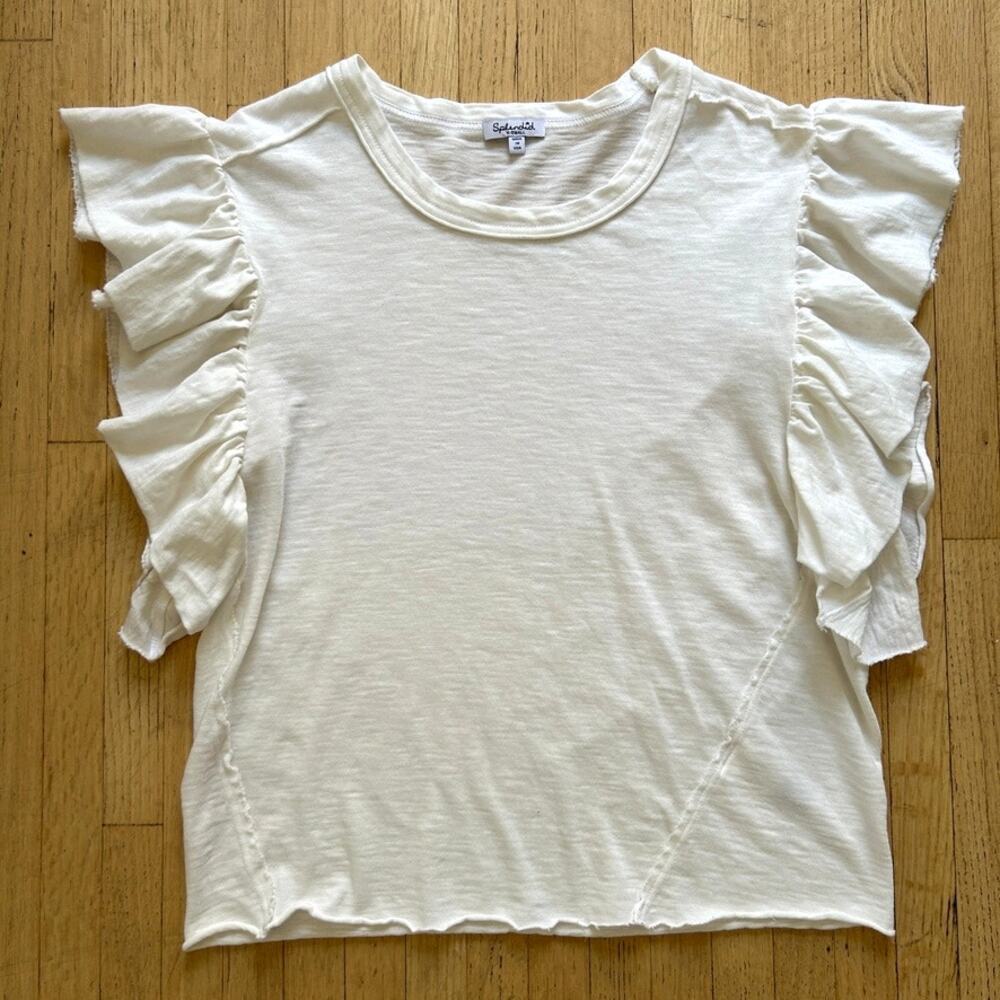 Splendid White T Shirt Ruffle Cotton Lightweight Size XS Soft